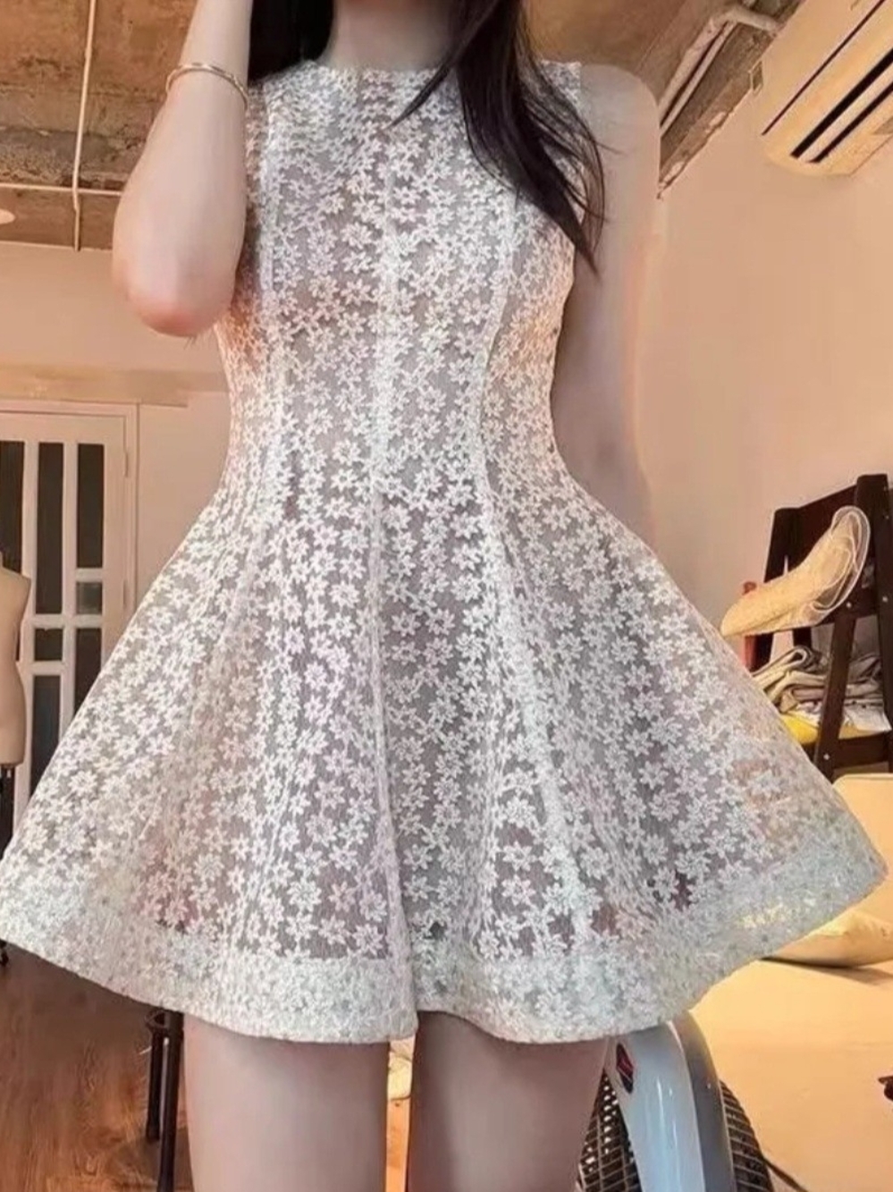 Lace Floral Fit-and-Flare Dress in White